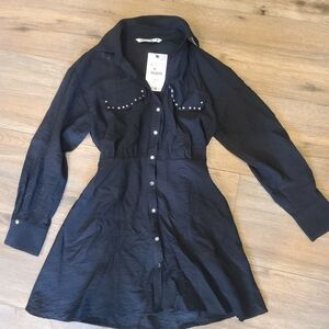 NWT Black Studded Shirt Dress, sz small BELT NOT INCLUDED Zara